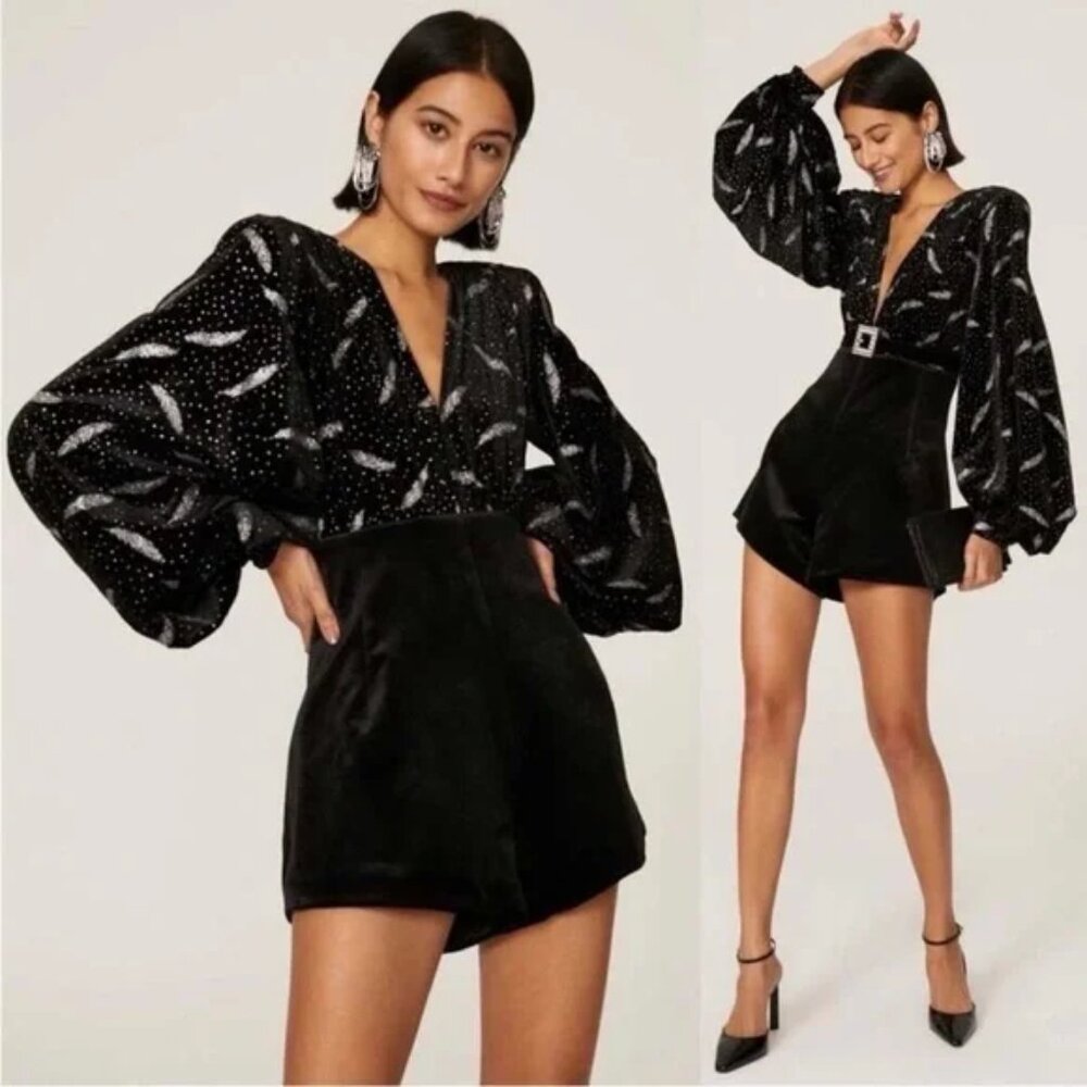 Bronx and Banco Maria Black & Silver Velvet Romper deep V neck Bishop sleeves S